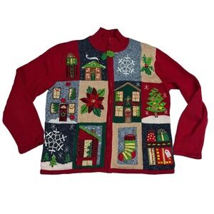 Tiara International Christmas Zip Up Sweater Rare Ugly Women's M Holly Zipper
